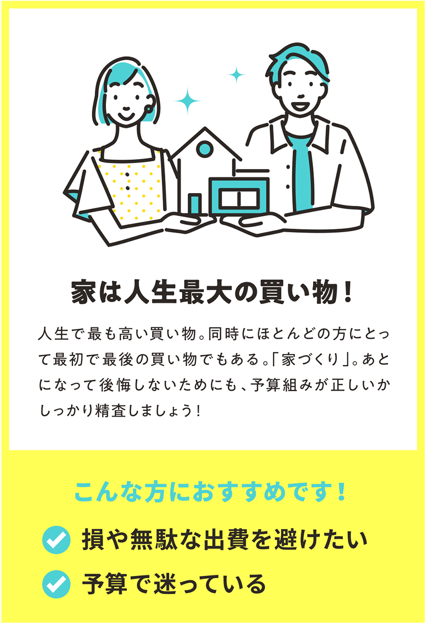 家は人生最大の買い物！ 人生で最も高い買い物。同時にほとんどの方にとって最初で最後の買い物でもある。「家づくり」。あとになって後悔しないためにも、予算組みが正しいかしっかり精査しましょう！ こんな方におすすめです！ 損や無駄な出費を避けたい 予算で迷っている