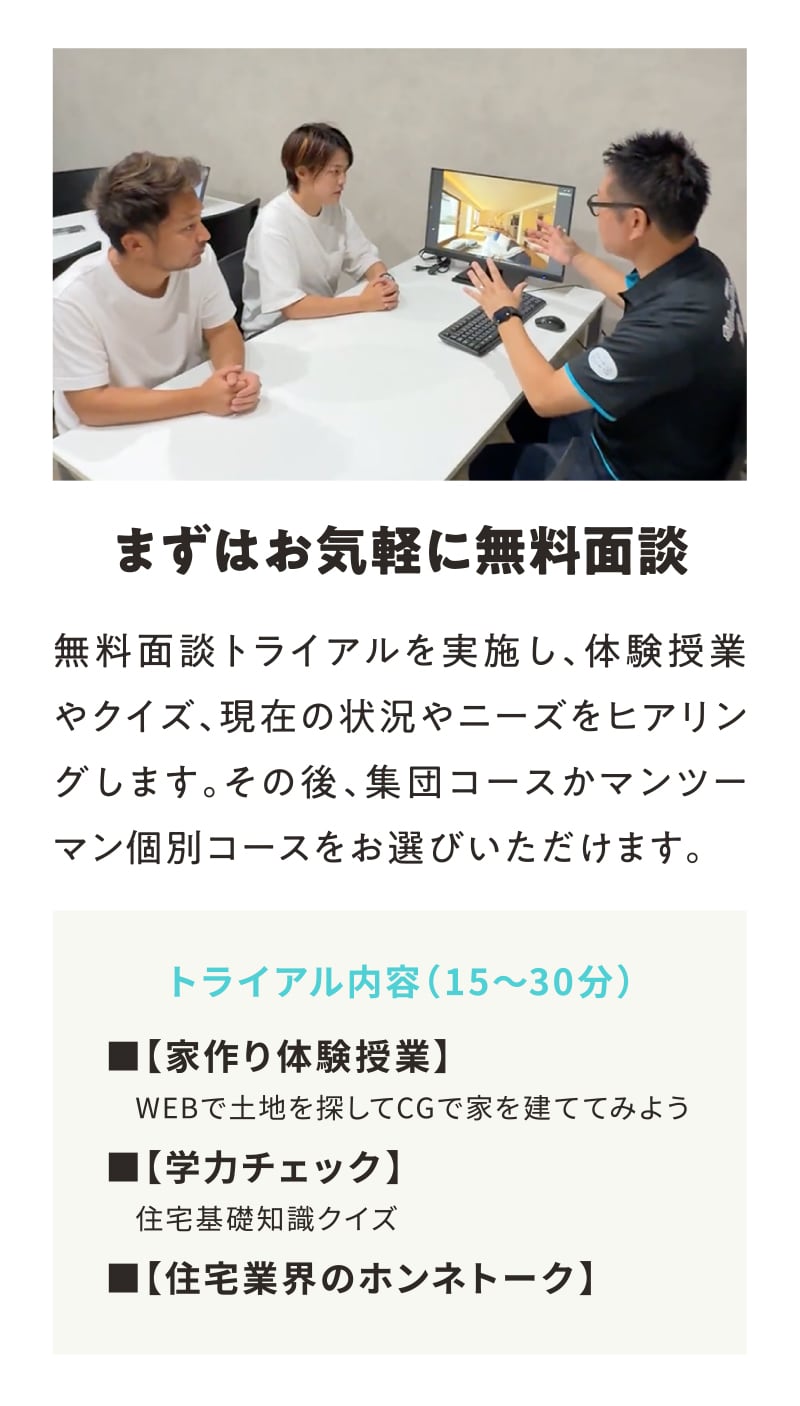 まずはお気軽に無料面談 無料面談トライアルを実施し、体験授業やクイズ、現在の状況やニーズをヒアリングします。その後、集団コースかマンツーマン個別コースをお選びいただけます。