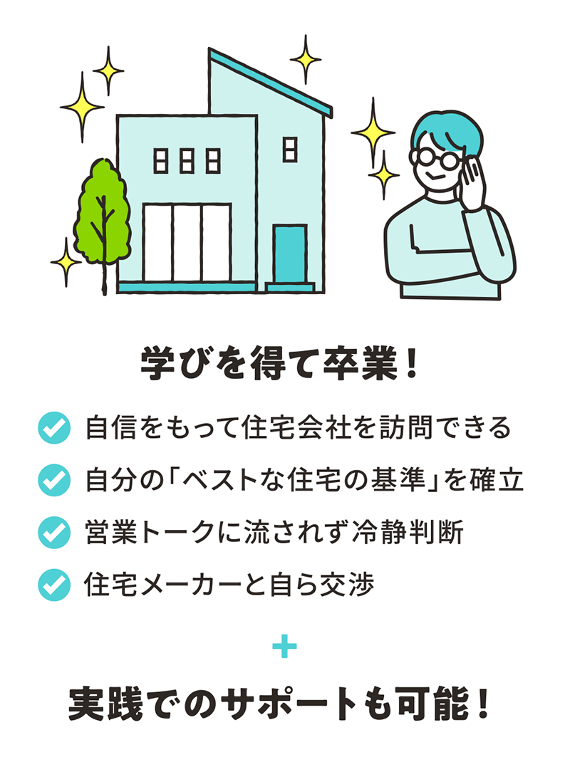 学びを得て卒業！自信をもって住宅会社を訪問できる 自分の「ベストな住宅の基準」を確立 営業トークに流されず冷静判断 住宅メーカーと自ら交渉 実践でのサポートも可能！