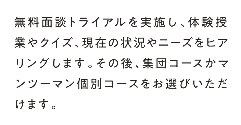 無料面談トライアルを実施し、体験授業やクイズ、現在の状況やニーズをヒアリングします。その後、集団コースかマンツーマン個別コースをお選びいただけます。